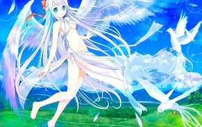 white hair, hair band, anime, animals, angel, wings