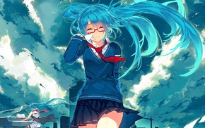 aqua hair, glasses, Vocaloid, Hatsune Miku, clouds, anime
