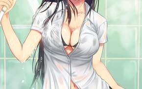 bikini, original characters, wet clothing, bathroom, anime girls, open shirt