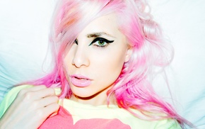 face, girl, dyed hair, green eyes, pink lipstick, pink hair
