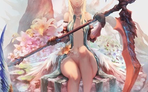 weapon, birds, anime girls, scythe, long hair, wings