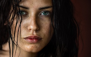green eyes, freckles, brunette, girl, face, looking at viewer
