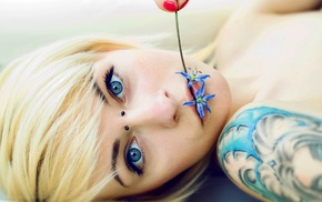 girl, flower in mouth, blue eyes, blonde, tattoo, piercing