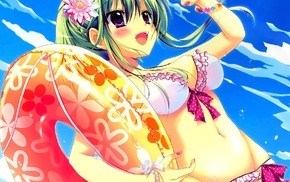 anime, original characters, anime girls, inflatable rings, bikini, green hair