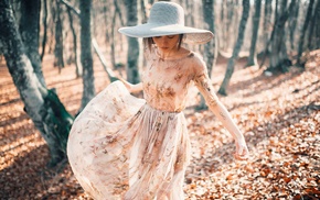model, girl, hat, girl outdoors, trees