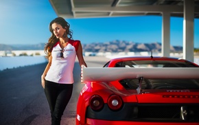 red, Ferrari F430, model, T, shirt, bare shoulders