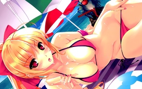 parasol, bikini, ice cream, open mouth, original characters, anime girls