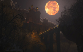 bridge, Moon, bats, castle