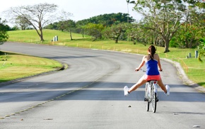 Morning Musume, Mizuki Fukumura, girl with bikes, road, Asian, girl