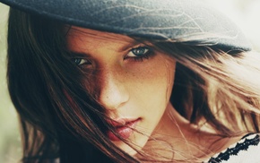 freckles, hat, girl, blue eyes, looking at viewer, hair in face