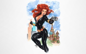 illustration, Black Widow, girls with guns, simple background, Marvel Comics