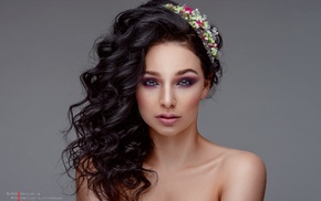 portrait, flower in hair, bare shoulders, black hair, brunette, face