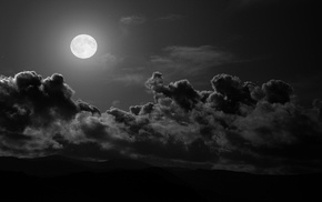 landscape, Moon, moonlight, clouds, monochrome, hills