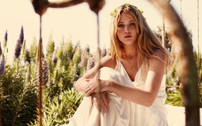 blonde, white dress, girl, actress, flower in hair, Jennifer Lawrence