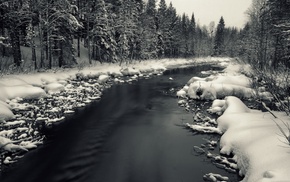 river, snow, landscape