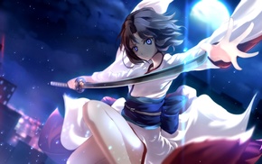 katana, sword, Ryougi Shiki, anime girls, blue eyes, Kara no Kyoukai