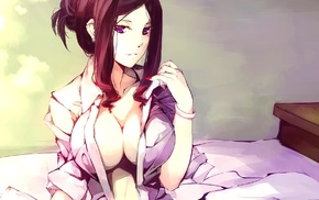 long hair, original characters, anime girls, brunette, in bed, purple eyes
