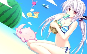 Suzu Suzukaze No Melt, beach, watermelons, silver hair, anime, blonde