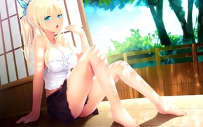 blue eyes, Kashiwazaki Sena, anime girls, barefoot, long hair, blonde