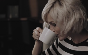 drink, striped clothing, girl, striped sweaters, blonde