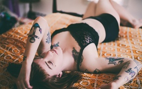 in bed, lying on back, piercing, girl, brunette, tattoo