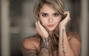 blonde, girl, tattoo, face, portrait