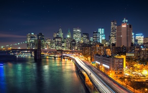 city lights, New York City, city, Brooklyn Bridge, long exposure