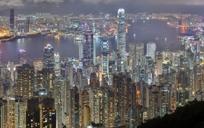 river, night, Hong Kong, high view, city