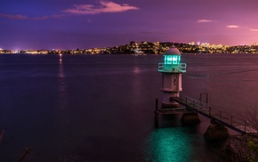 lighthouse, night, harbor