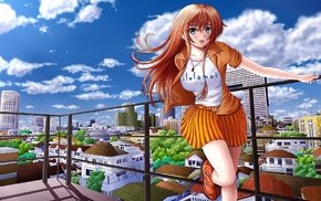 open mouth, long hair, city, anime, original characters, building