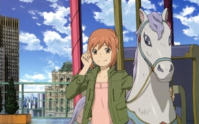 Higashi no Eden, anime girls, building, horse