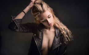 leather jackets, depth of field, cleavage, face, model, girl