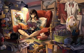 barefoot, Touhou, original characters, anime girls, painting, reading