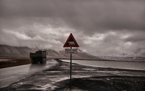 vehicle, signs, road, landscape