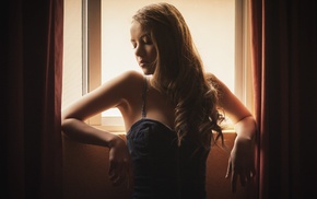 girl, window, dress, portrait, bare shoulders, face