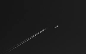 airplane, minimalism, monochrome, contrails, Moon