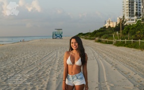 beach, model, girl, jean shorts, smiling, bikini top