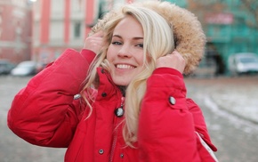 looking at viewer, street, blonde, jacket, face, norwegian