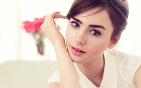 hand on face, Lily Collins, girl, brown eyes, brunette, face