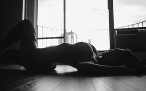 monochrome, Justin Swain, girl, on the floor, looking at viewer, curvy