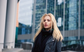 windy, blonde, leather jackets, girl, looking at viewer, scarf