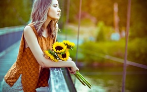 flowers, girl, sunflowers, model, girl outdoors