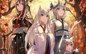 anime girls, horns, weapon, Japanese clothes, sword, animal ears