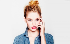 looking at viewer, red lipstick, girl, blue eyes