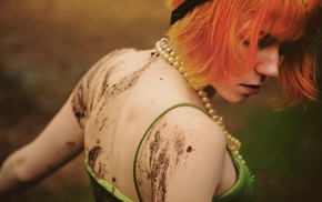 dyed hair, redhead, girl, dirty, pearl necklace, back