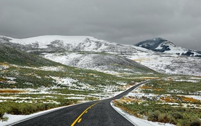 mountains, snow, clouds, road, sky