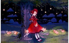night, anime girls, red dress, trees, stars