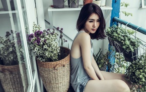flowers, Asian, model, balcony, girl