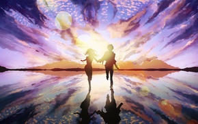 sunset, island, anime girls, anime, holding hands
