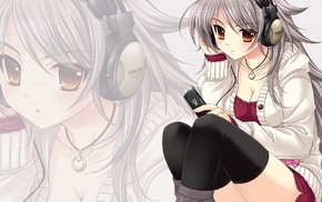gray hair, anime girls, headphones, anime, thigh, highs